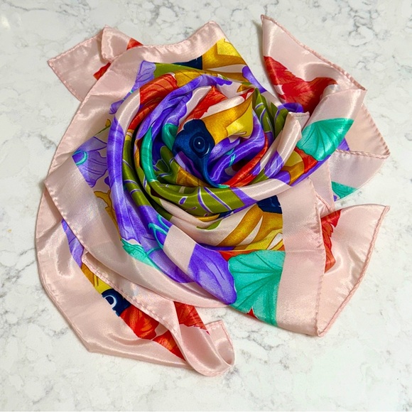 Vintage Accessories - Tropical Print Square Silky Scarf Wrap Pink Pastel Neon